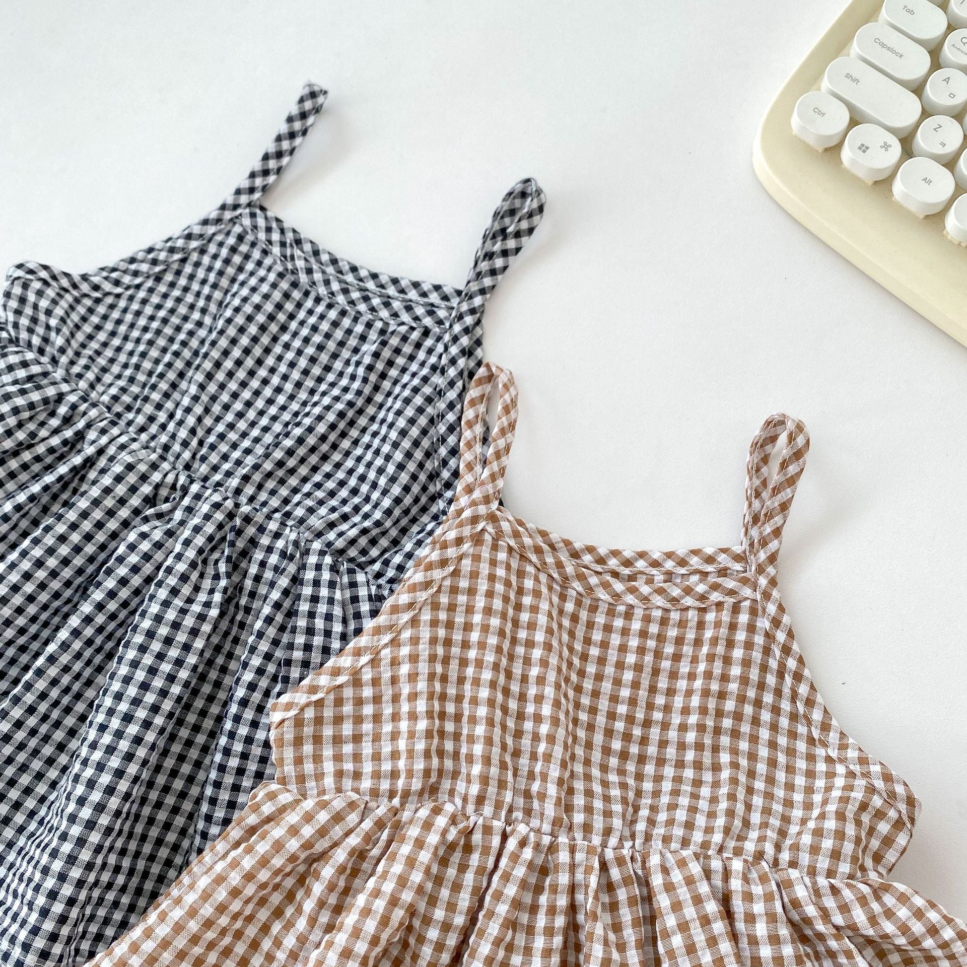 Summer New Arrival Baby Girls Plaid Sleeveless Strap Onesies Dress-4