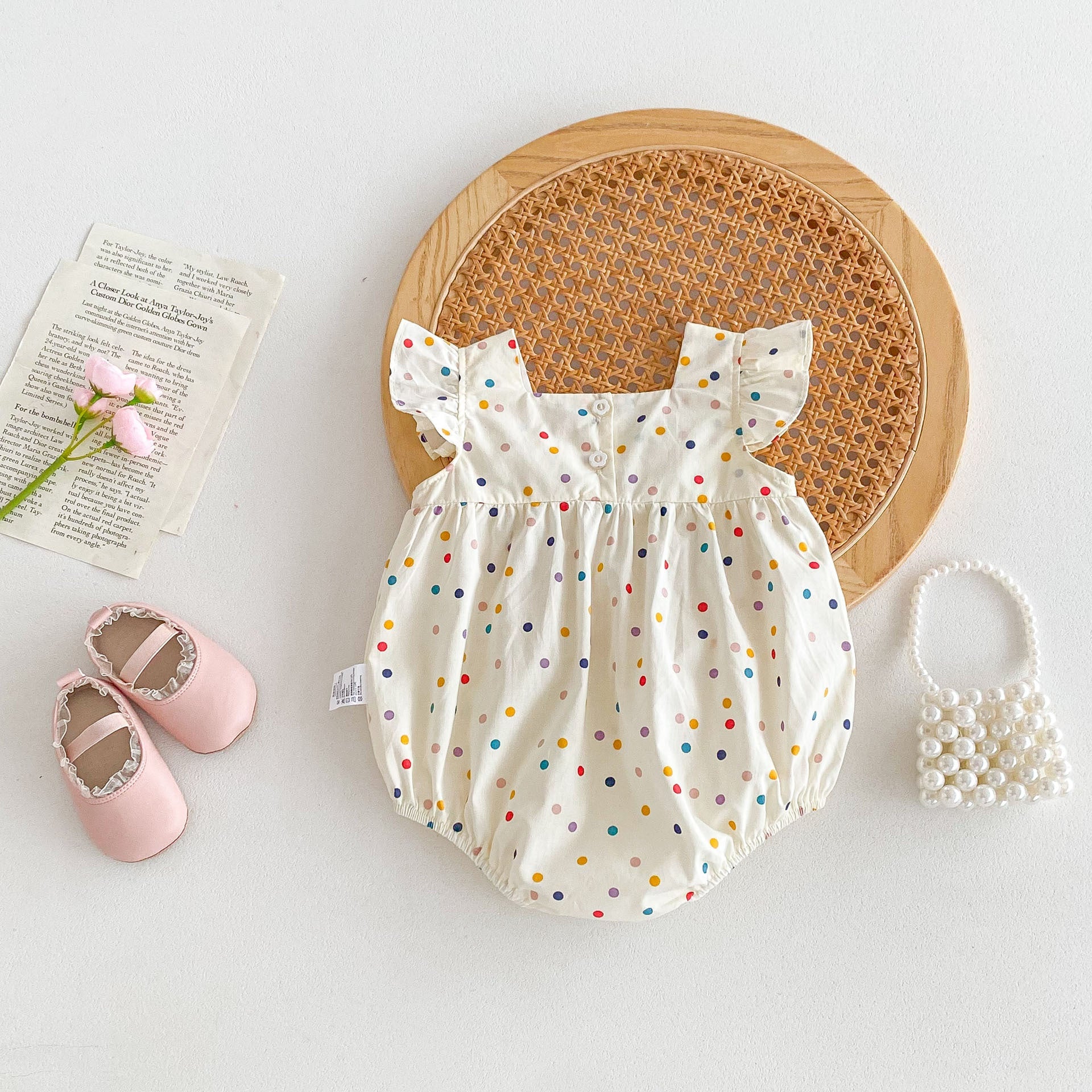 Summer New Arrival Baby Girls Fly Sleeves Colorful Dots Pattern Floral Embroidery Onesies-1