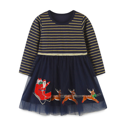 Girls’ European-American Style Santa Claus And Reindeer Embroidered Tulle Dress With Striped Pattern-1