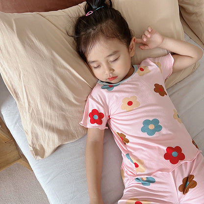 Summer Baby Kids Girls Flowers Pattern Short Sleeves T-Shirt And Shorts Casual Home Clothing Set-1