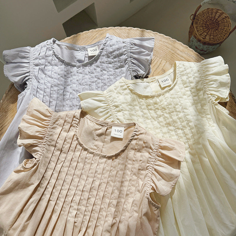 Summer New Arrival Kids Girls Fly Sleeves Solid Color Pleated Dress-5