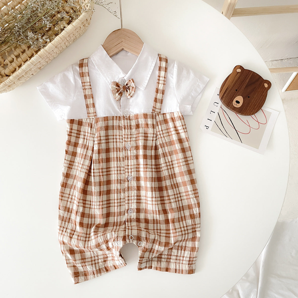 Baby Boy Plaid Pattern Polo-Neck Rompers-2