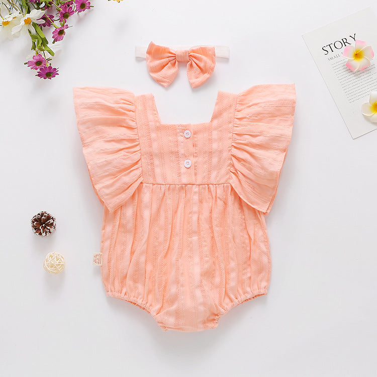 Baby Girl Solid Color Square Collar Design Short-Sleeved Onesies With Headband In Summer Outside Wearing-1