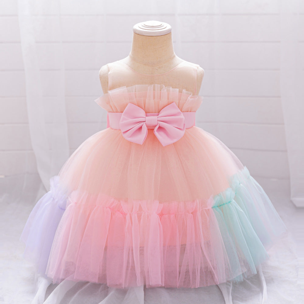 Summer Baby Kids Girls Princess Crew Neck Sleeveless 3D Butterfly Bow Colorful Mesh Dress-4