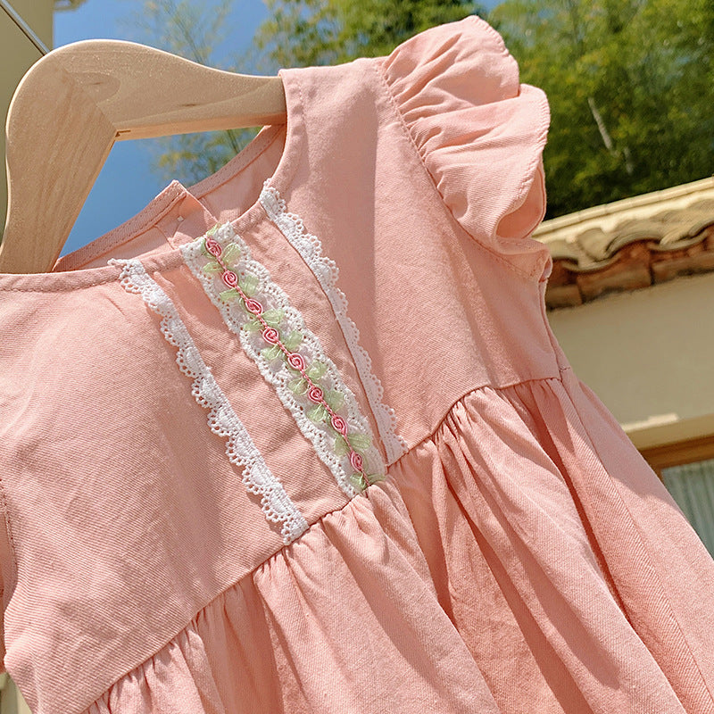 Summer New Arrival Kids Girls Fly Sleeves Lace Pattern Dress-3