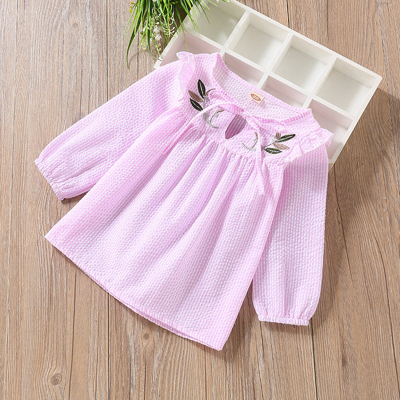 Baby Girl Embroidery Pattern Bow Tie Design Striped Long Sleeve T-Shirt-2