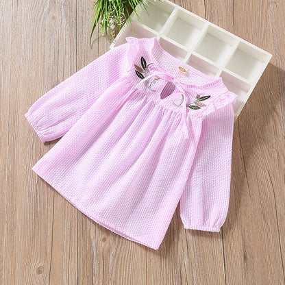 Baby Girl Embroidery Pattern Bow Tie Design Striped Long Sleeve T-Shirt-2