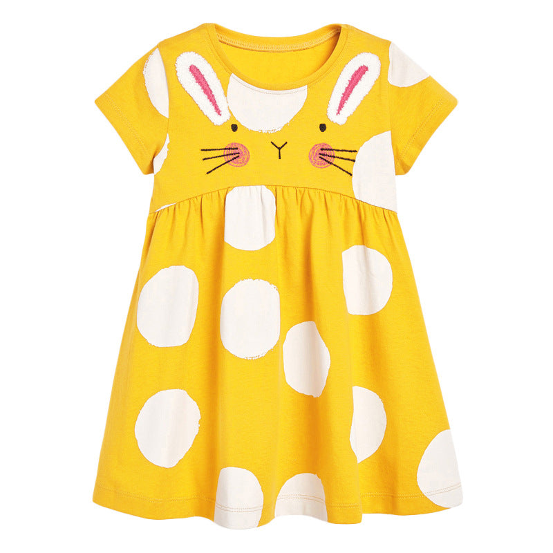 Baby Kids Girls Crew Neck Polka Dots Rabbit Design Short Sleeves Dress-2