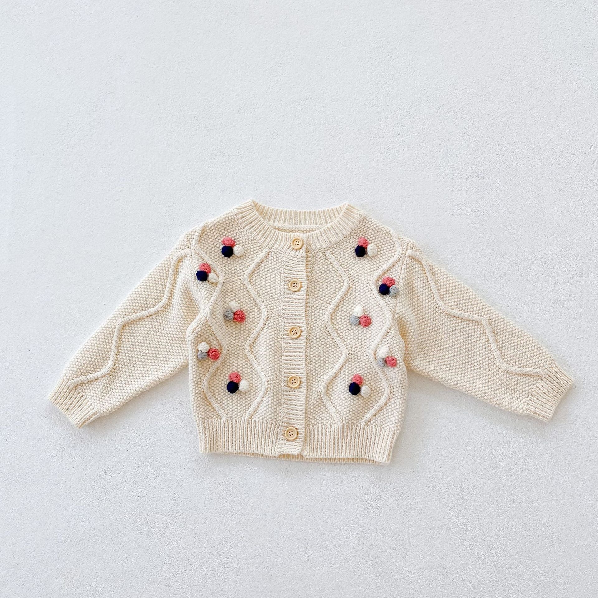 Baby Girl Colorful Handmade Ball Patched Belted Knitted Bodysuit &amp; Cardigan 1-Pieces Sets-2