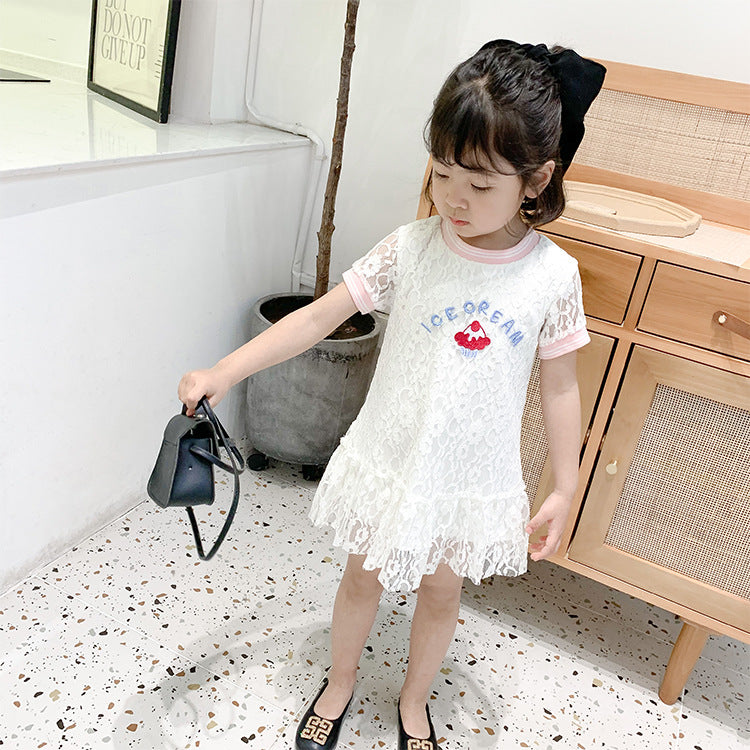 Summer Baby Girls Hot Selling Fashion Short Sleeves Lace Design Ice-Cream Pattern Dress-3