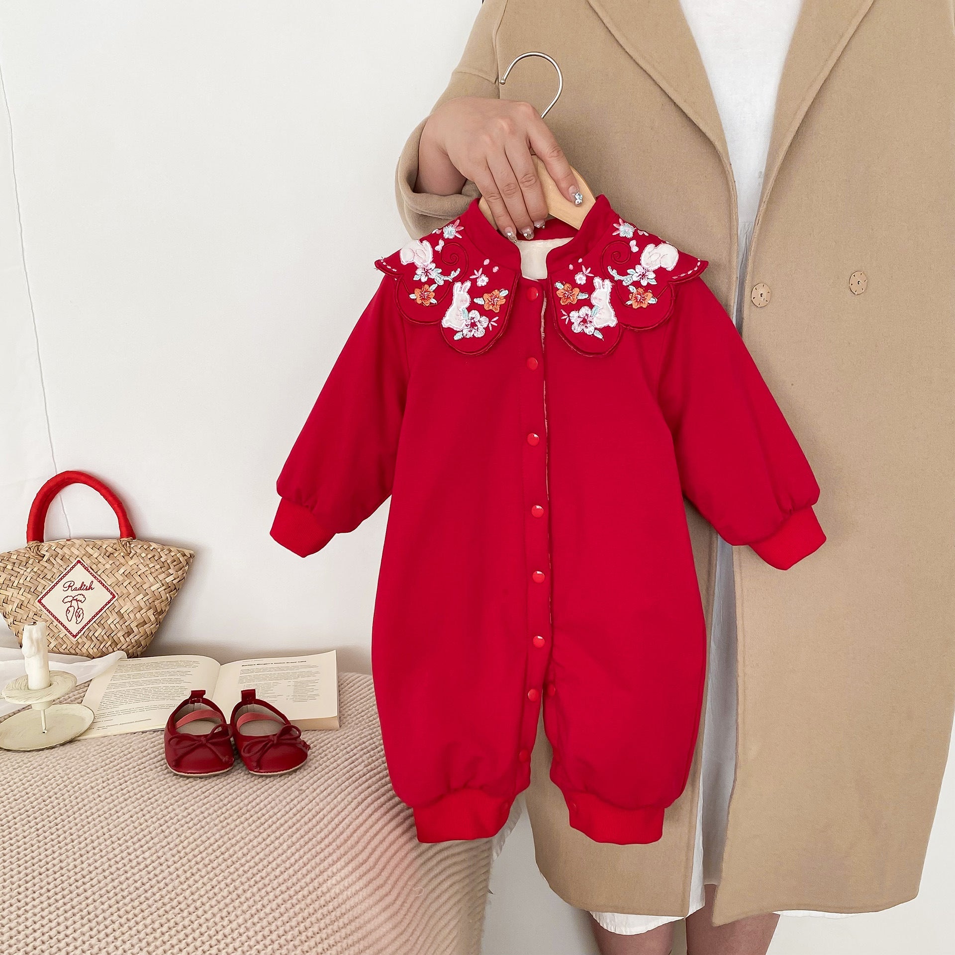 Infant Baby Girls Thick Warm Long Sleeve Rabbits Floral Knitted Round Collar Red Romper-1