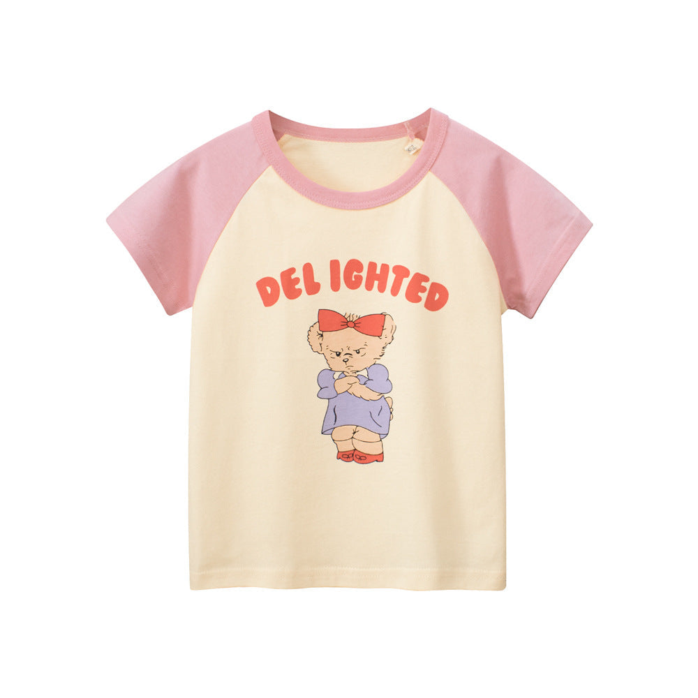 Angry Bear Printing Girls’ Patchwork T-Shirt For Summer-2