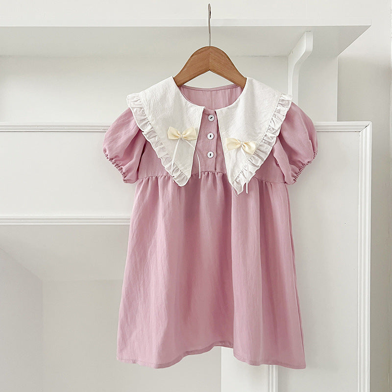 New Arrival Summer Girls Vintage Countryside Double-Bow Collar Short Sleeves Dress-1