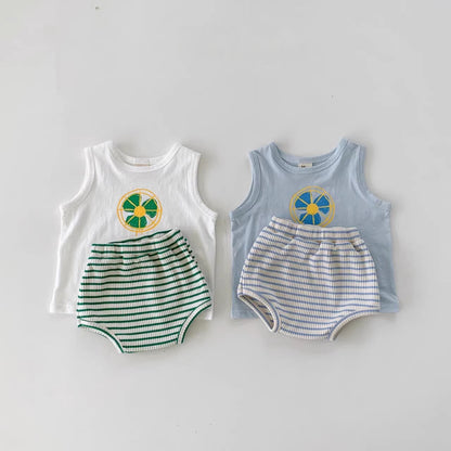 Summer Baby Kids Unisex Cartoon Pattern Top Vest And Striped Bloomers Clothing Set-3