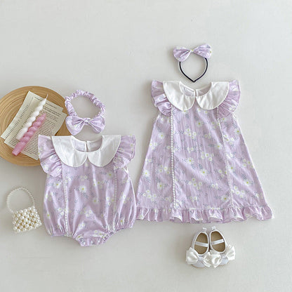 New Arrival Summer Girls Flowers Pattern Fly Sleeves Peter Pan Collar Onesies And Dress – Sister Matching Clothing Set-3