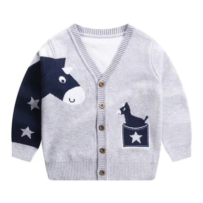 Baby Boy Cartoon Animal Embroidered Pattern Button Front V-Neck Cardigan-2