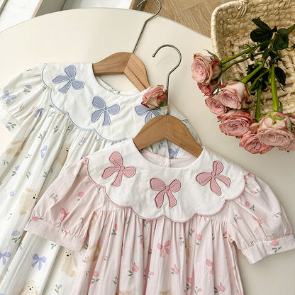 Summer Baby Kids Girls Short Sleeves Floral Teddy Print Embroidery Collar Princess Dress-3