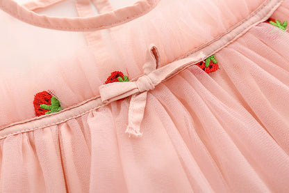 Baby Girl Strawberries Embroidered Mesh Overlay Design Bow Tie Patched Hundred Dress-2