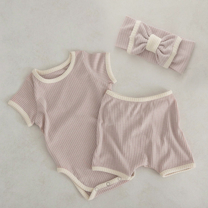 Baby Unisex Solid Color Comfy Cotton Onesies &amp; Shorts Sets With Headband-2