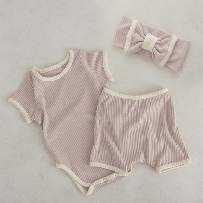 Baby Unisex Solid Color Comfy Cotton Onesies &amp; Shorts Sets With Headband-2