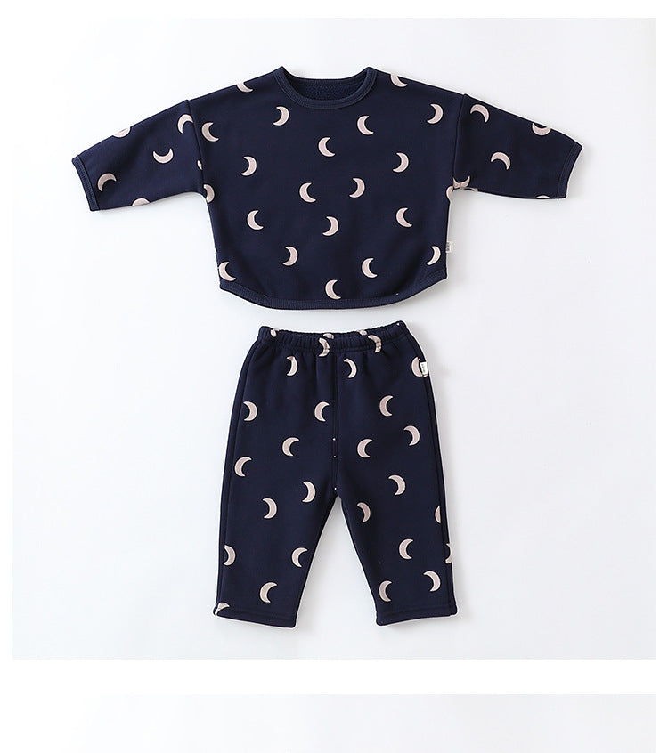 Unisex Baby Moon Print Round Collar Top Combo Long Pants In Sets-2