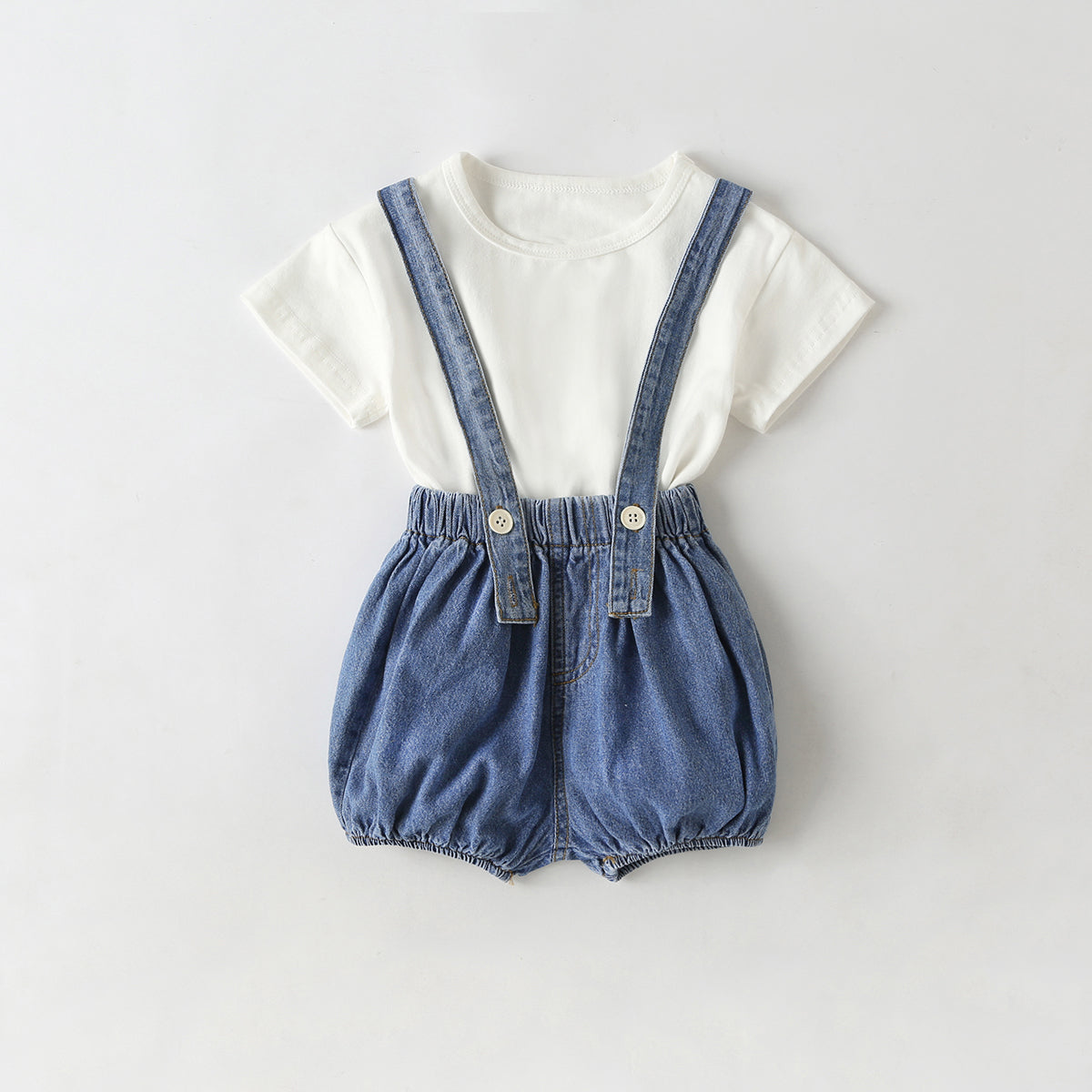 Baby Girl Solid Color Tee Combo Denim Strap Shorts 1-Piece Sets-2