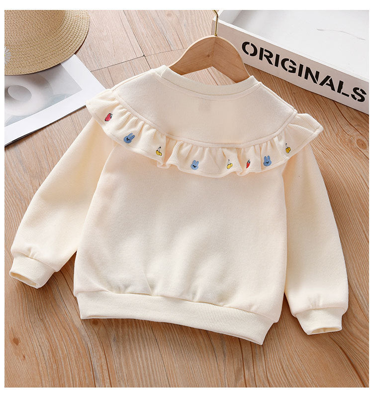 Baby Girl Fruit Embroidered Graphic Ruffle Design Corduroy Fabric Pullover Cute Hoodies-2