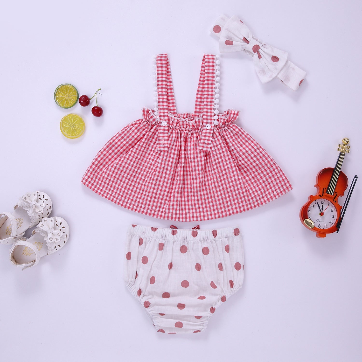 Baby Girl Plaid Pattern Sling Tops Combo Polka Dot Shorts With Handband Sets-1