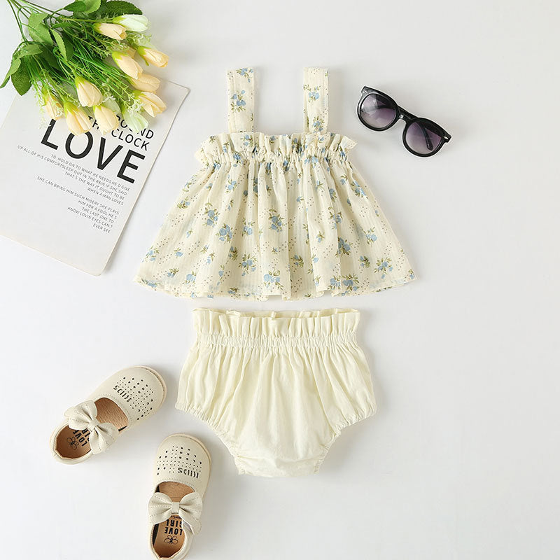 Baby Girl Floral Print Pattern Sleeveless Tops Combo Shorts Sets In Summer-2