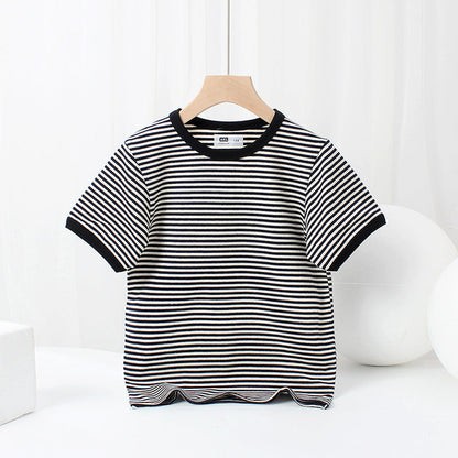 Baby Striped Pattern Crewneck Short Sleeve Cotton T-Shirt-2