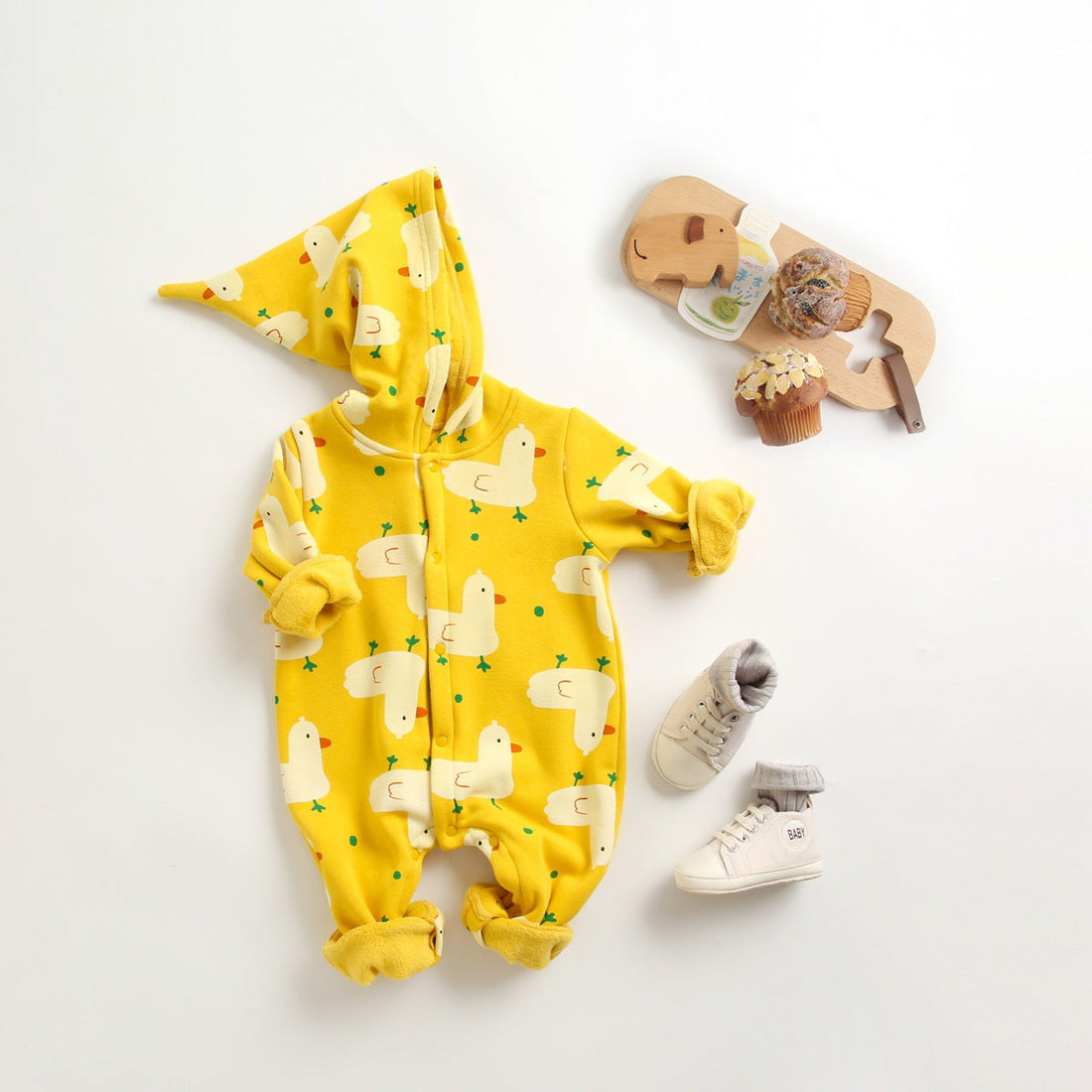 Baby 1pcs Cartoon Duck Print Button Front Rompers &amp; Onesies With Triangle Hats-20