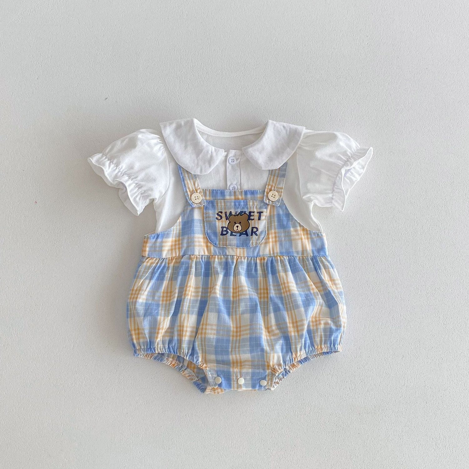 Summer Boys And Girls Yellow-Blue Plaid Teddy Pattern Onesies – Brother And Sister Matching Set-2