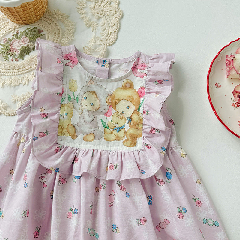 Summer Kids Girls Cute Baby Print Sleeveless Design Princess Dress-2