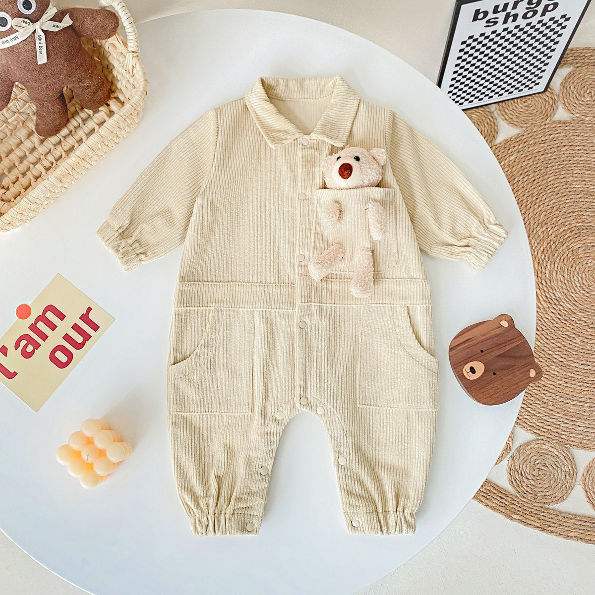 Baby 3D Cartoon Bear Patched Design Corduroy Fabric Button Front Romper-2