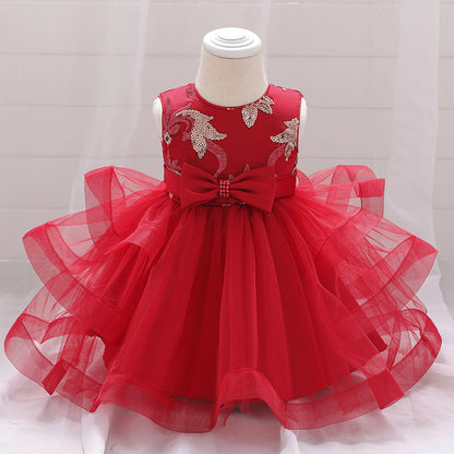 Baby Girl Sequins Patched Design Sleeveless Tutu Style Baptism Birthday Dress-1