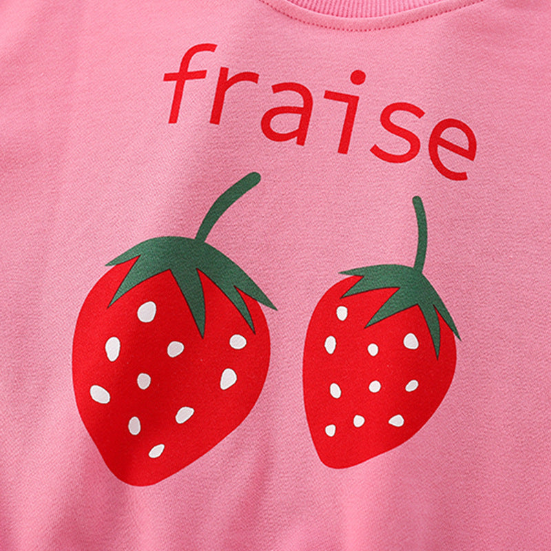 Baby Girl Strawberry Print Pattern Crewneck Terry Hoodies-2