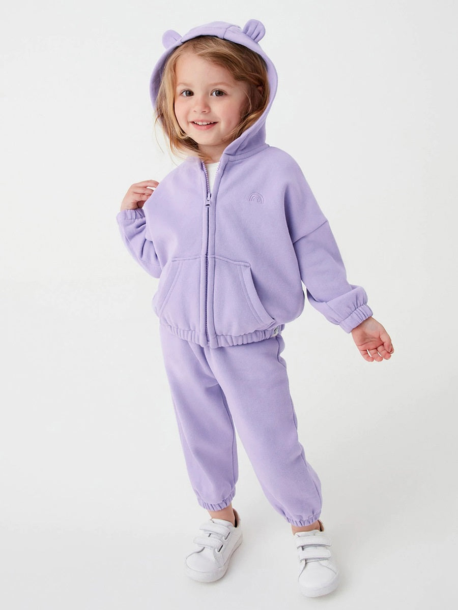 Girls Cozy Solid Color Rabbit Design Zip-Up Hoodie And Pants 2-Piece Set-1