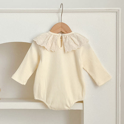 Spring New Arrival Baby Solid Color Long Sleeves Onesies For Girls With Hollow Out Collar-2