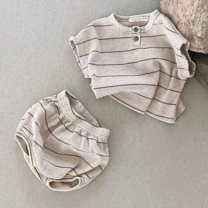 Baby Kids Unisex Striped Short Sleeves Waffle Grid Top And Shorts Casual Clothing Set-2