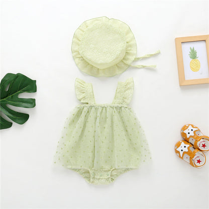 Baby Girl 1pcs Solid Color Heart Graphic Mesh Overlay Sleeveless Dress &amp; Hat-2