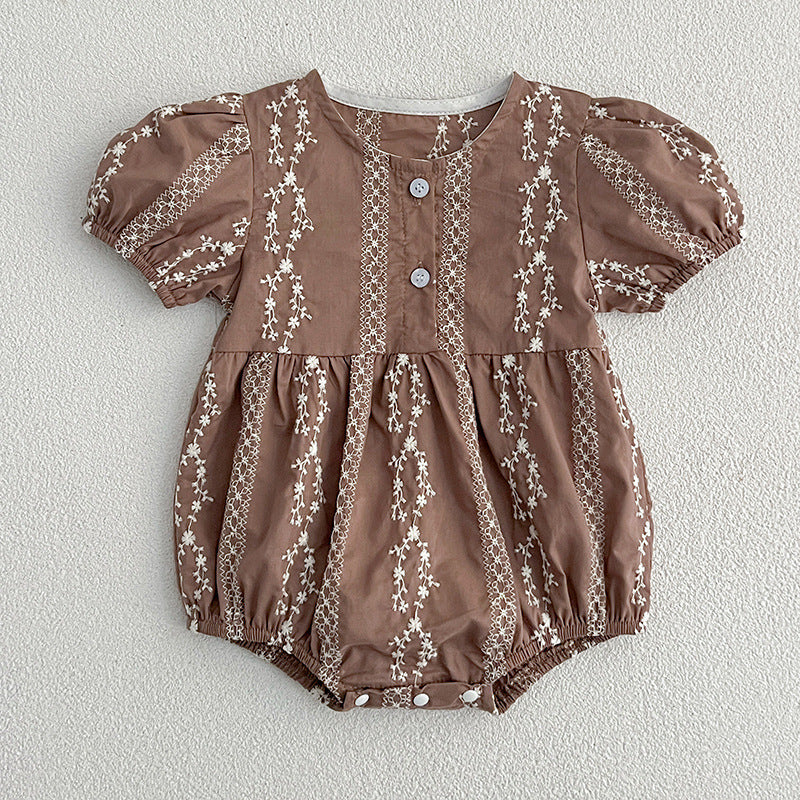 Summer New Arrival Baby Girls Short Sleeves Crew Neck Simple Lace Embroidery Onesies-2