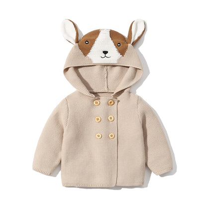 Baby Solid Color Cartoon Design Hooded Knitted Fashion Cardigan-2