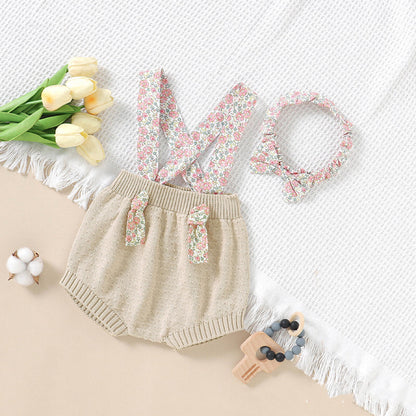 Baby Girl Ditsy Flower Sling Knitted Shorts Overalls With Headband-1