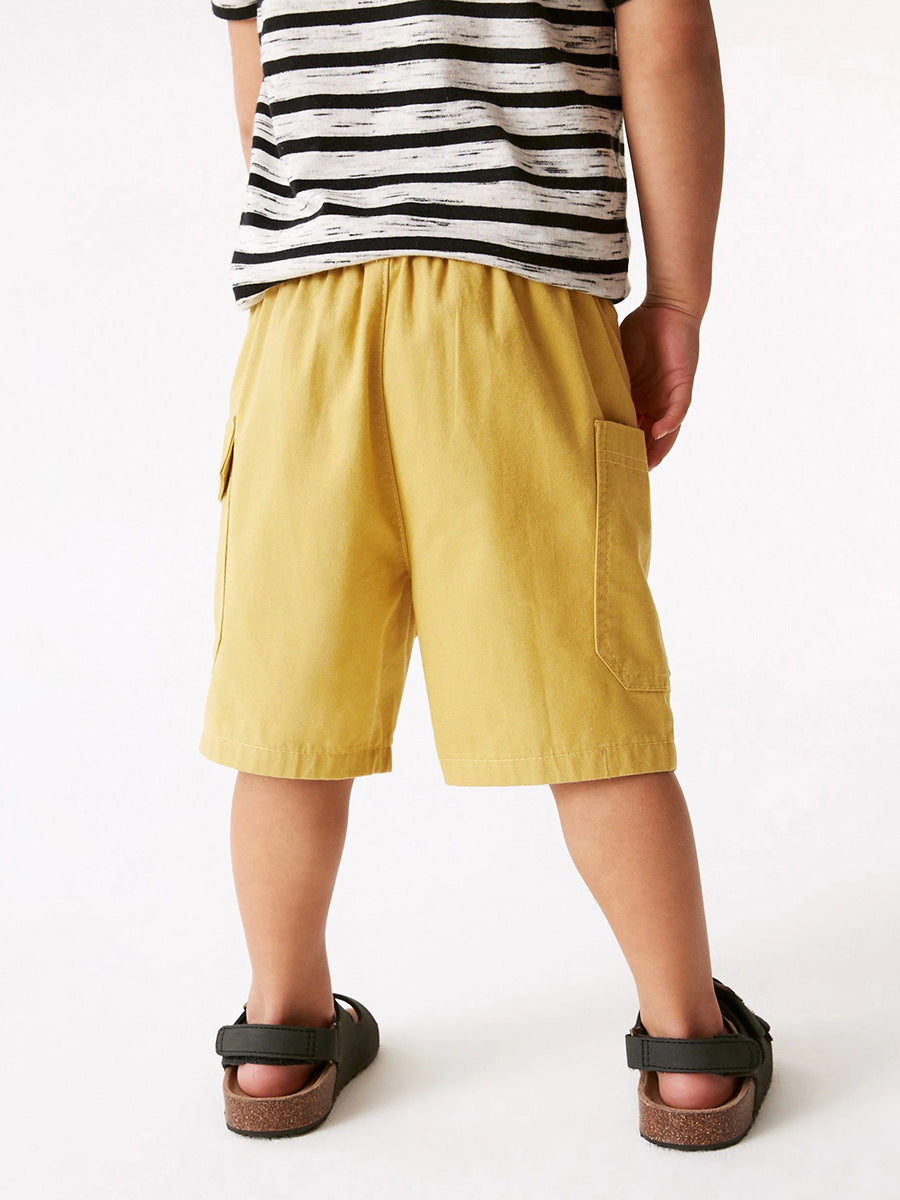 Boys Solid Yellow Cotton Casual Style Shorts With Pockets-3