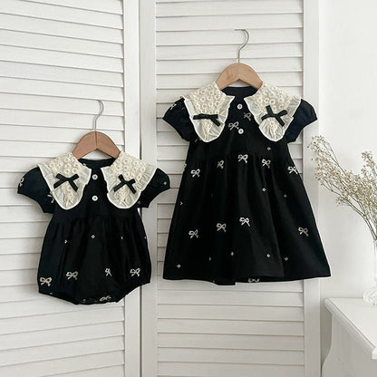 New Design Summer Baby Kids Girls Floral Pattern Collar Short Sleeves Bows Embroidery Onesies And Girls’ Dress – Princess Sister Matching Set-3