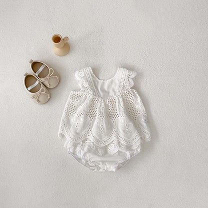 Summer Hot Selling Baby Girls Sleeveless Solid Color Hollow Out Design Strap Top Dress And Bloomers Clothing Set-1