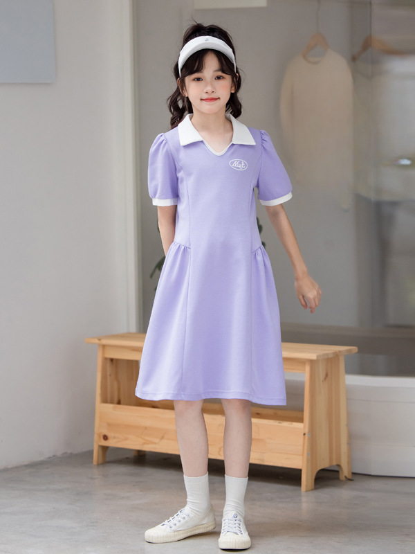 Hot Selling Summer Kids Girls Sports Style Purple Short Sleeves Turn-Down Collar Dress-2