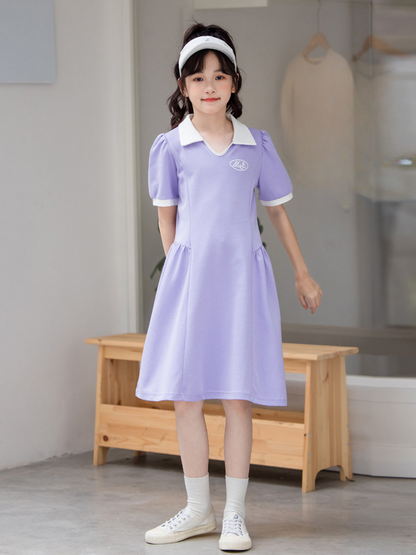 Hot Selling Summer Kids Girls Sports Style Purple Short Sleeves Turn-Down Collar Dress-2