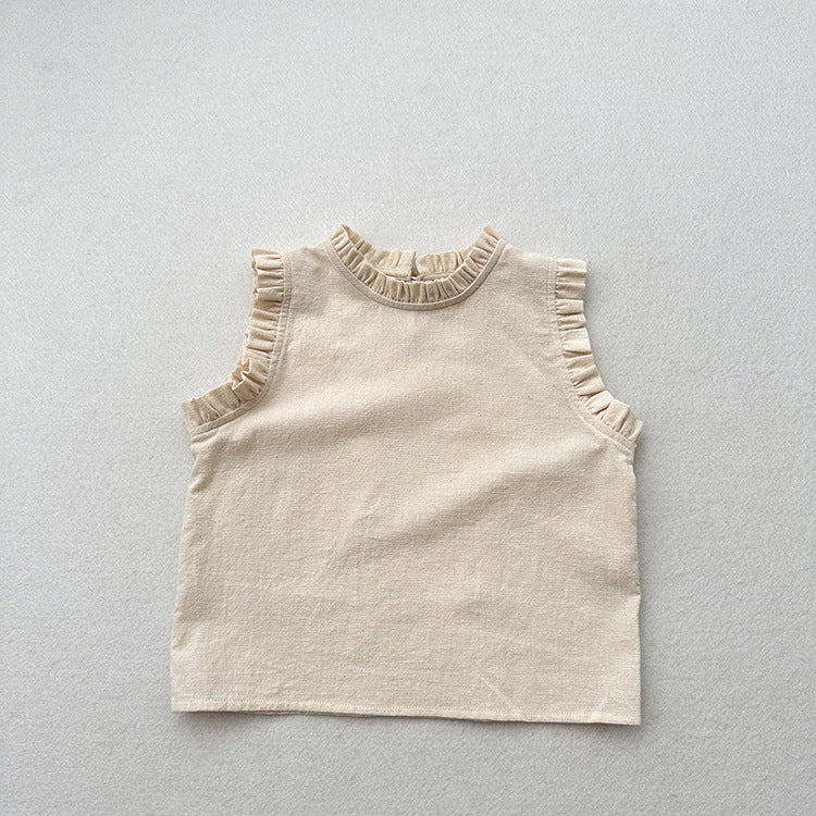 New Arrival Kids Girls Ruffle Neck Sleeveless Thin Top Vest-2