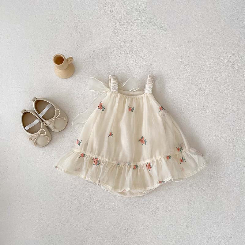 Summer New Arrival Baby Girls Sleeveless Flowers Pattern Tulle Strap Onesies Dress-1